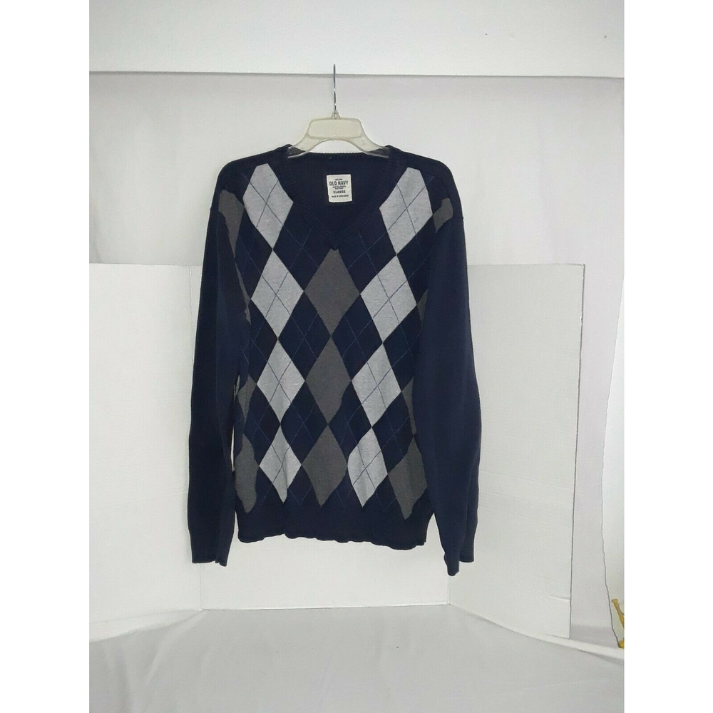 Old Navy-Size Extra Large-Cashmere Blend-Blue Argyle Sweater-V Neck